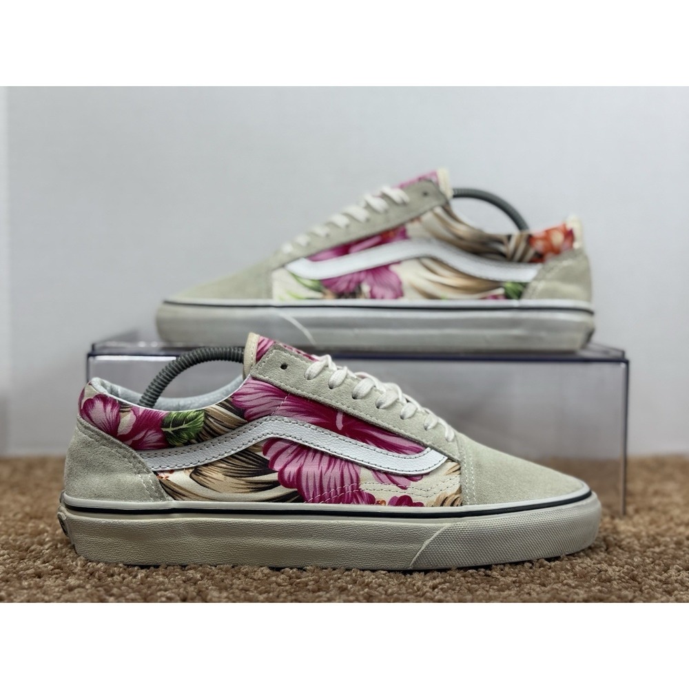 Vans Floral White Beige Suede Canvas Laced Up Shoes Sneakers Womens 8 Low Tops